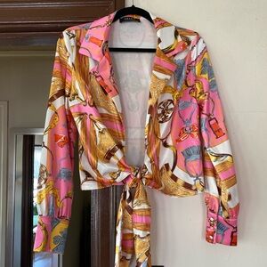 Rich Auntie AKIRA Pink Tan Button Down Crop Blouse